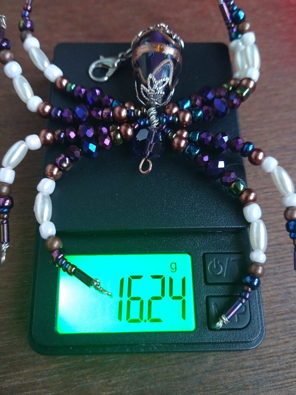 Hand Crafted • Beaded Spider Pendant Necklace - Purple, Brown & Pearl - Picture 4 of 12
